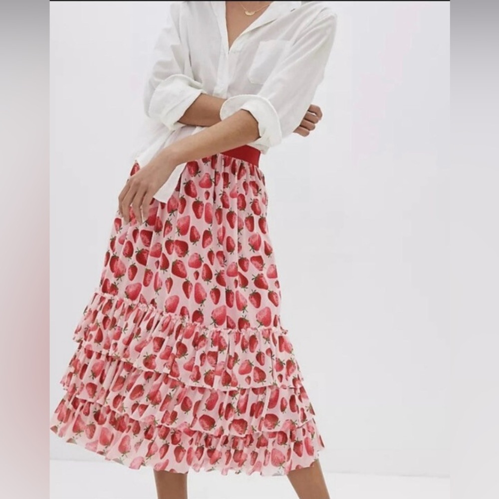 NWT Eva Franco Tiered Flounced Tatum Strawberry Midi Skirt Size XS
